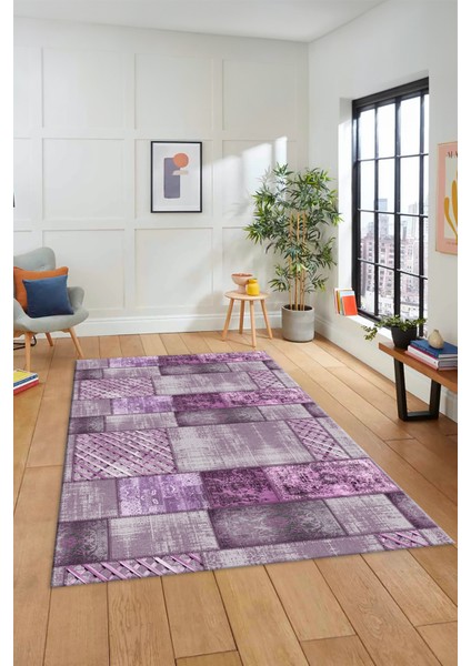 Dijital Kaymaz Taban Yıkanabilir Patchwork Desen Yolluk Mutfak Salon Halısı, Patchwork-18-Mor,
