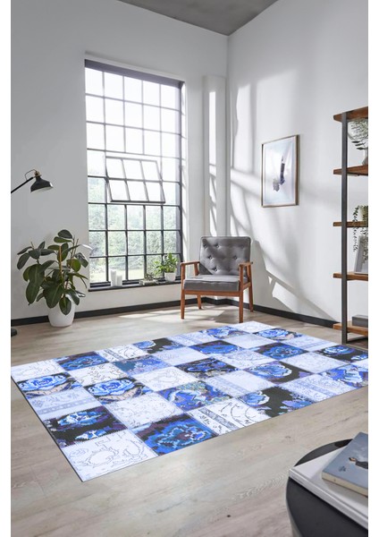 Dijital Kaymaz Taban Yıkanabilir Patchwork Desen Yolluk Mutfak Salon Halısı, Patchwork-19-Mavi,