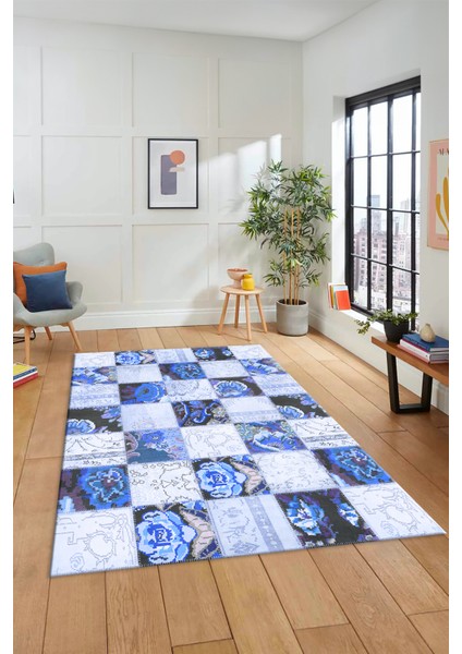 Dijital Kaymaz Taban Yıkanabilir Patchwork Desen Yolluk Mutfak Salon Halısı, Patchwork-19-Mavi,