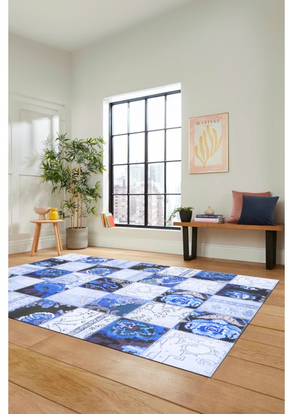 Dijital Kaymaz Taban Yıkanabilir Patchwork Desen Yolluk Mutfak Salon Halısı, Patchwork-19-Mavi,