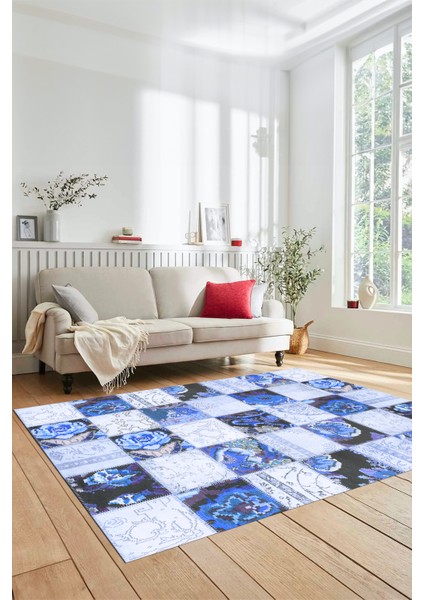 Dijital Kaymaz Taban Yıkanabilir Patchwork Desen Yolluk Mutfak Salon Halısı, Patchwork-19-Mavi,