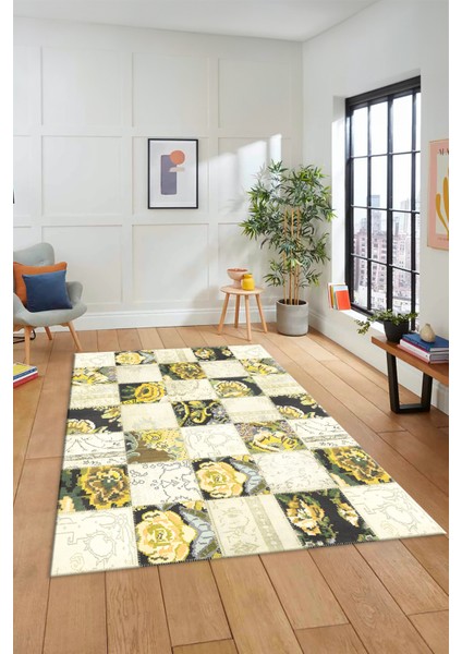 Dijital Kaymaz Taban Yıkanabilir Patchwork Desen Yolluk Mutfak Salon Halısı, Patchwork-19-Sarı,