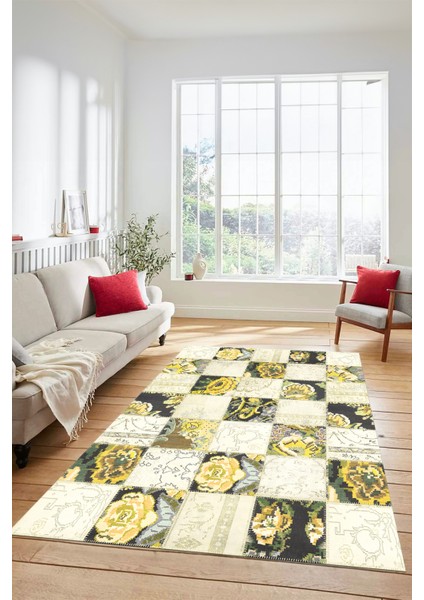 Dijital Kaymaz Taban Yıkanabilir Patchwork Desen Yolluk Mutfak Salon Halısı, Patchwork-19-Sarı,