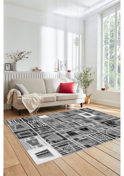 Dijital Kaymaz Taban Yıkanabilir Patchwork Desen Yolluk Mutfak Salon Halısı, Patchwork-11-Gri,