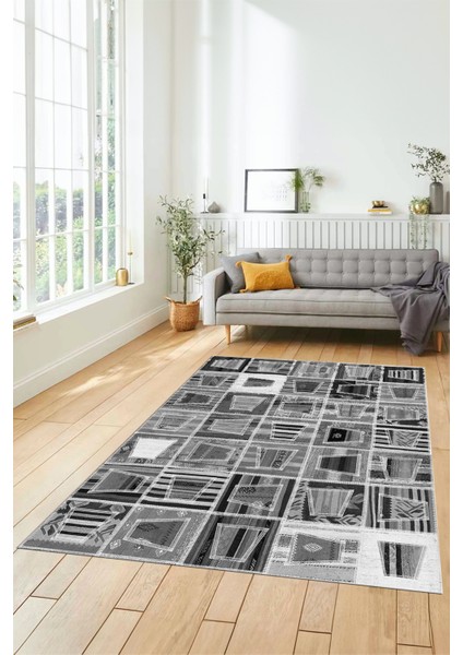 Dijital Kaymaz Taban Yıkanabilir Patchwork Desen Yolluk Mutfak Salon Halısı, Patchwork-11-Gri,