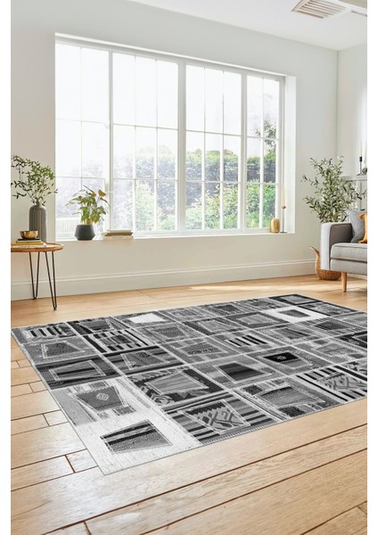 Dijital Kaymaz Taban Yıkanabilir Patchwork Desen Yolluk Mutfak Salon Halısı, Patchwork-11-Gri,