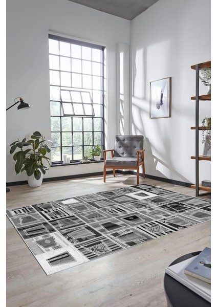 Dijital Kaymaz Taban Yıkanabilir Patchwork Desen Yolluk Mutfak Salon Halısı, Patchwork-11-Gri,