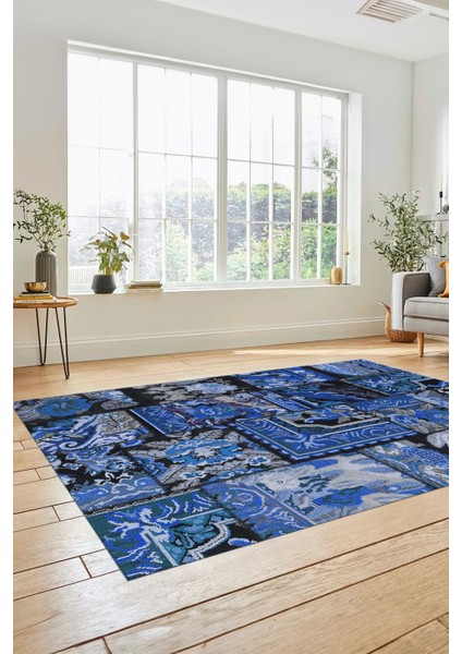 Dijital Kaymaz Taban Yıkanabilir Patchwork Desen Yolluk Mutfak Salon Halısı, Patchwork-12-Mavi,