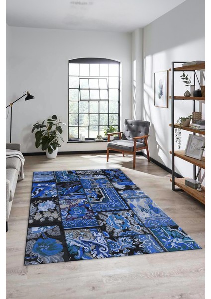 Dijital Kaymaz Taban Yıkanabilir Patchwork Desen Yolluk Mutfak Salon Halısı, Patchwork-12-Mavi,