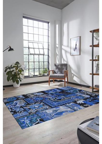 Dijital Kaymaz Taban Yıkanabilir Patchwork Desen Yolluk Mutfak Salon Halısı, Patchwork-12-Mavi,