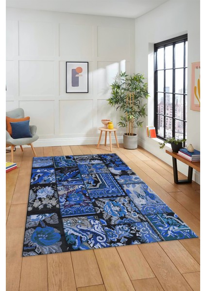 Dijital Kaymaz Taban Yıkanabilir Patchwork Desen Yolluk Mutfak Salon Halısı, Patchwork-12-Mavi,