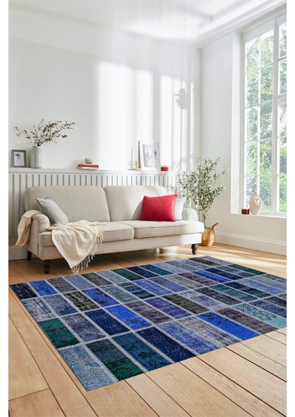 Dijital Kaymaz Taban Yıkanabilir Patchwork Desen Yolluk Mutfak Salon Halısı, Patchwork-09-Mavi,