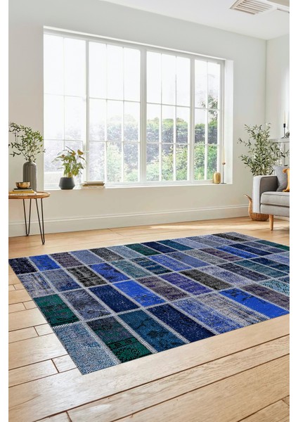 Dijital Kaymaz Taban Yıkanabilir Patchwork Desen Yolluk Mutfak Salon Halısı, Patchwork-09-Mavi, modelleri