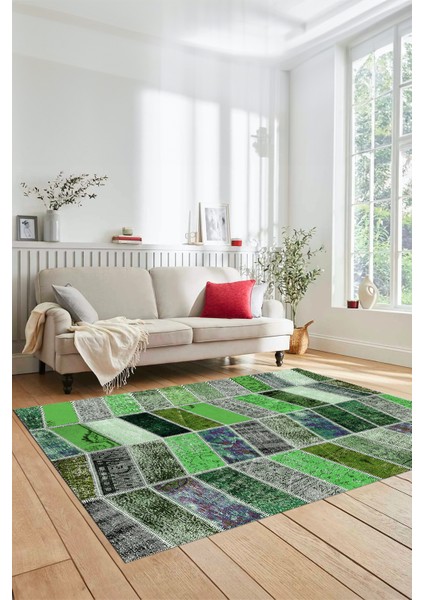 Dijital Kaymaz Taban Yıkanabilir Patchwork Desen Yolluk Mutfak Salon Halısı, Patchwork-10-Yeşil,