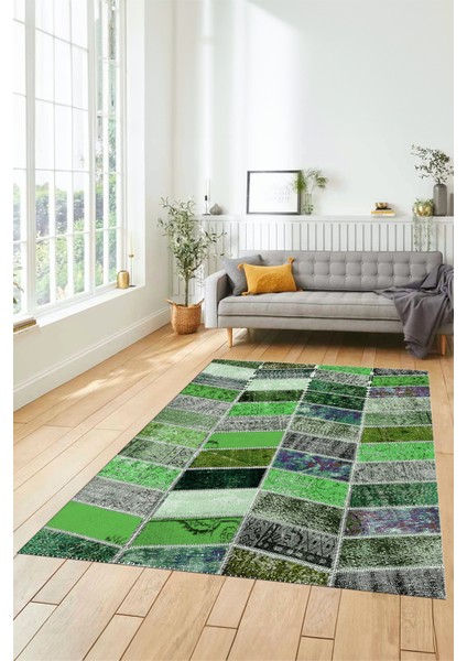 Dijital Kaymaz Taban Yıkanabilir Patchwork Desen Yolluk Mutfak Salon Halısı, Patchwork-10-Yeşil,