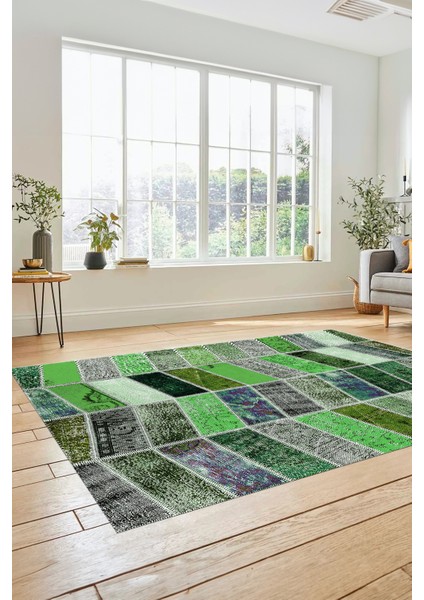 Dijital Kaymaz Taban Yıkanabilir Patchwork Desen Yolluk Mutfak Salon Halısı, Patchwork-10-Yeşil,