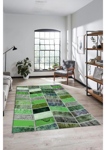 Dijital Kaymaz Taban Yıkanabilir Patchwork Desen Yolluk Mutfak Salon Halısı, Patchwork-10-Yeşil,