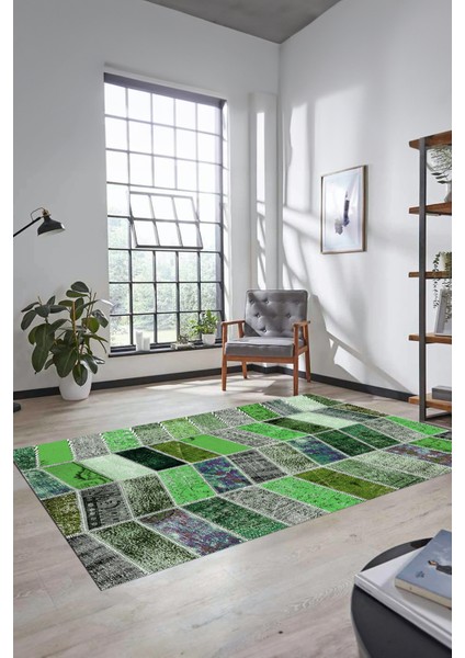 Dijital Kaymaz Taban Yıkanabilir Patchwork Desen Yolluk Mutfak Salon Halısı, Patchwork-10-Yeşil,