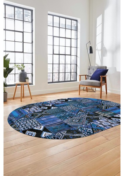 Baskılı Kaymaz Taban Yıkanabilir Patchwork Desen Oval Yolluk Salon Halısı, O-Patchwork-06-Mavi,