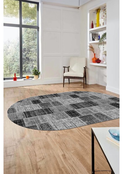 Baskılı Kaymaz Taban Yıkanabilir Patchwork Desen Oval Yolluk Salon Halısı, O-Patchwork-07-Gri, fiyatları