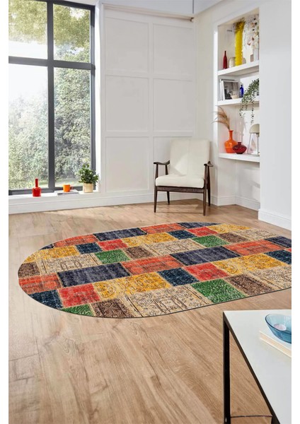 Baskılı Kaymaz Taban Yıkanabilir Patchwork Desen Oval Yolluk Salon Halısı, O-Patchwork-07-Renkli,