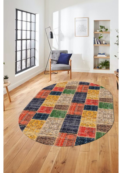 Baskılı Kaymaz Taban Yıkanabilir Patchwork Desen Oval Yolluk Salon Halısı, O-Patchwork-07-Renkli,