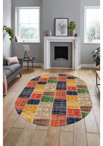 Baskılı Kaymaz Taban Yıkanabilir Patchwork Desen Oval Yolluk Salon Halısı, O-Patchwork-07-Renkli,