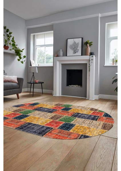 Baskılı Kaymaz Taban Yıkanabilir Patchwork Desen Oval Yolluk Salon Halısı, O-Patchwork-07-Renkli,