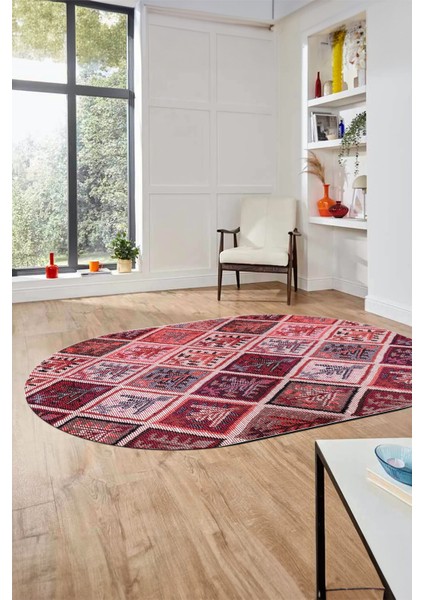 Baskılı Kaymaz Taban Yıkanabilir Patchwork Desen Oval Yolluk Salon Halısı, O-Patchwork-08-Kırmızı,
