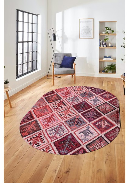 Baskılı Kaymaz Taban Yıkanabilir Patchwork Desen Oval Yolluk Salon Halısı, O-Patchwork-08-Kırmızı,