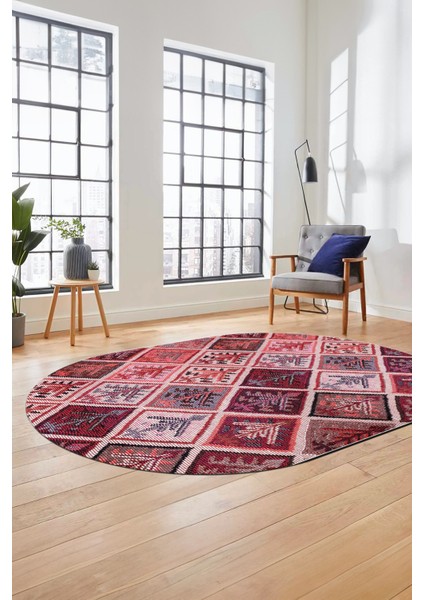 Baskılı Kaymaz Taban Yıkanabilir Patchwork Desen Oval Yolluk Salon Halısı, O-Patchwork-08-Kırmızı,