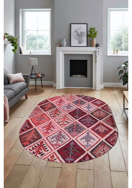 Baskılı Kaymaz Taban Yıkanabilir Patchwork Desen Oval Yolluk Salon Halısı, O-Patchwork-08-Kırmızı,