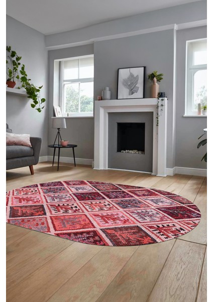 Baskılı Kaymaz Taban Yıkanabilir Patchwork Desen Oval Yolluk Salon Halısı, O-Patchwork-08-Kırmızı,
