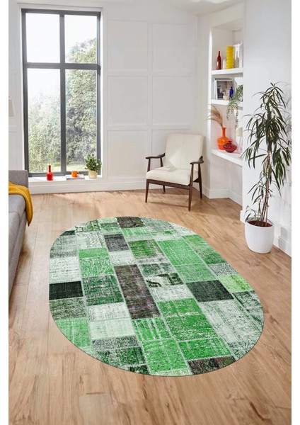 Baskılı Kaymaz Taban Yıkanabilir Patchwork Desen Oval Yolluk Salon Halısı, O-Patchwork-03-Yeşil,