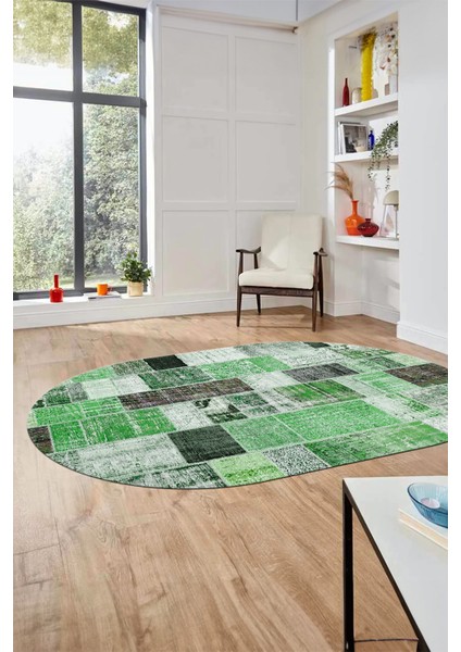 Baskılı Kaymaz Taban Yıkanabilir Patchwork Desen Oval Yolluk Salon Halısı, O-Patchwork-03-Yeşil,