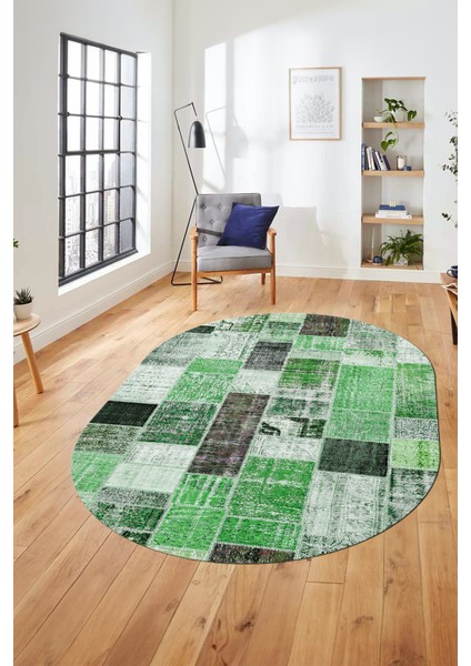 Baskılı Kaymaz Taban Yıkanabilir Patchwork Desen Oval Yolluk Salon Halısı, O-Patchwork-03-Yeşil,