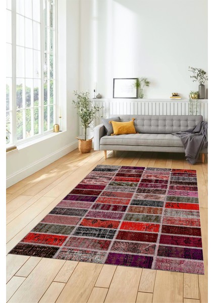 Dijital Kaymaz Taban Yıkanabilir Patchwork Desen Yolluk Mutfak Salon Halısı, Patchwork-09-Kırmızı,