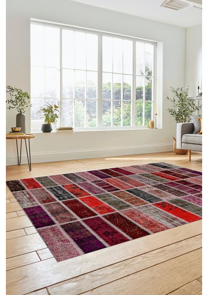 Dijital Kaymaz Taban Yıkanabilir Patchwork Desen Yolluk Mutfak Salon Halısı, Patchwork-09-Kırmızı,