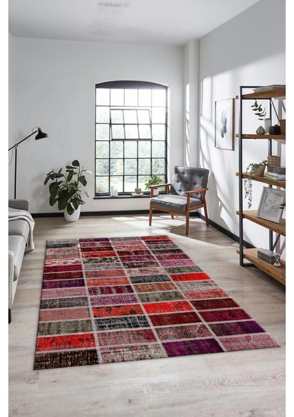 Dijital Kaymaz Taban Yıkanabilir Patchwork Desen Yolluk Mutfak Salon Halısı, Patchwork-09-Kırmızı,