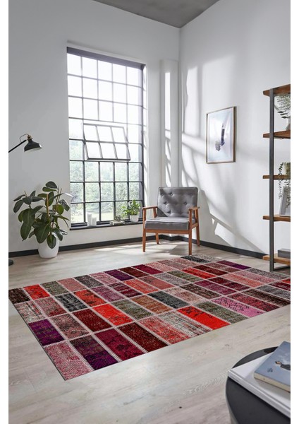 Dijital Kaymaz Taban Yıkanabilir Patchwork Desen Yolluk Mutfak Salon Halısı, Patchwork-09-Kırmızı,