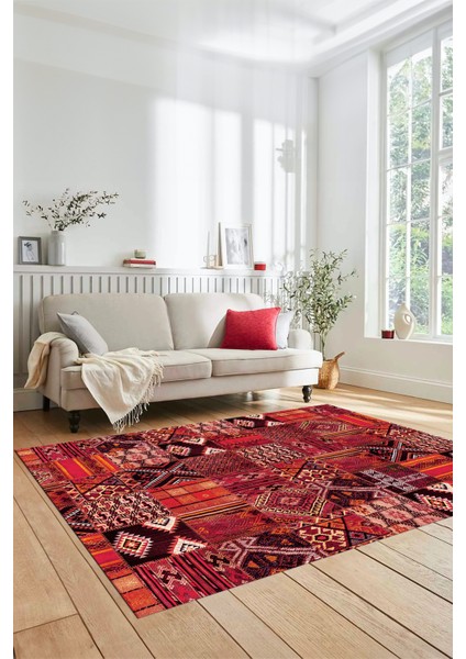 Dijital Kaymaz Taban Yıkanabilir Patchwork Desen Yolluk Mutfak Salon Halısı, Patchwork-06-Kırmızı, modelleri