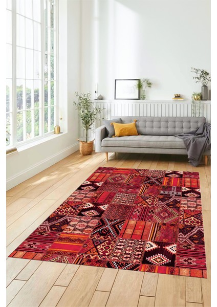 Dijital Kaymaz Taban Yıkanabilir Patchwork Desen Yolluk Mutfak Salon Halısı, Patchwork-06-Kırmızı, fırsatları