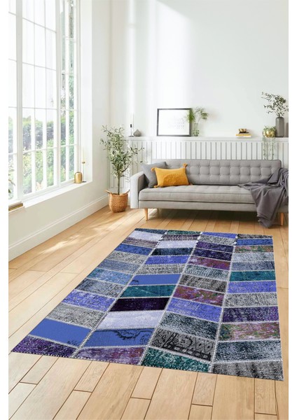 Evdeya Dijital Kaymaz Taban Yıkanabilir Patchwork Desen Yolluk Mutfak Salon Halısı, Patchwork-10-Mavi,