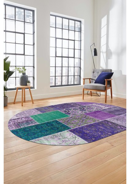 Baskılı Kaymaz Taban Yıkanabilir Patchwork Desen Oval Yolluk Salon Halısı, O-Patchwork-01-Mor,