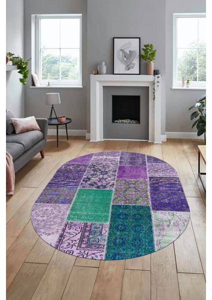 Baskılı Kaymaz Taban Yıkanabilir Patchwork Desen Oval Yolluk Salon Halısı, O-Patchwork-01-Mor,