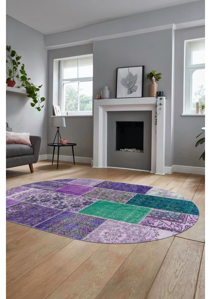 Baskılı Kaymaz Taban Yıkanabilir Patchwork Desen Oval Yolluk Salon Halısı, O-Patchwork-01-Mor,