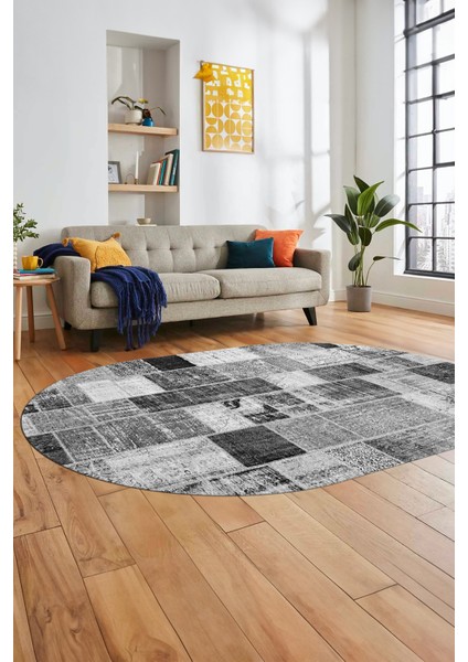 Baskılı Kaymaz Taban Yıkanabilir Patchwork Desen Oval Yolluk Salon Halısı, O-Patchwork-03-Gri,