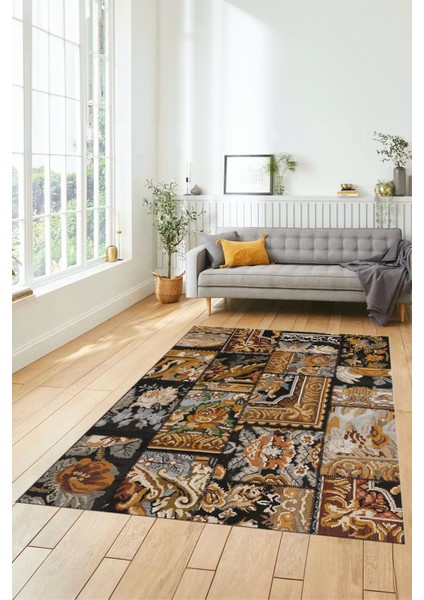 Dijital Kaymaz Taban Yıkanabilir Patchwork Desen Yolluk Mutfak Salon Halısı, Patchwork-12-Kahve,