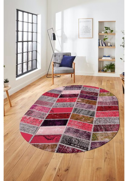 Baskılı Kaymaz Taban Yıkanabilir Patchwork Desen Oval Yolluk Salon Halısı, O-Patchwork-10-Kırmızı,