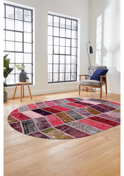 Baskılı Kaymaz Taban Yıkanabilir Patchwork Desen Oval Yolluk Salon Halısı, O-Patchwork-10-Kırmızı,